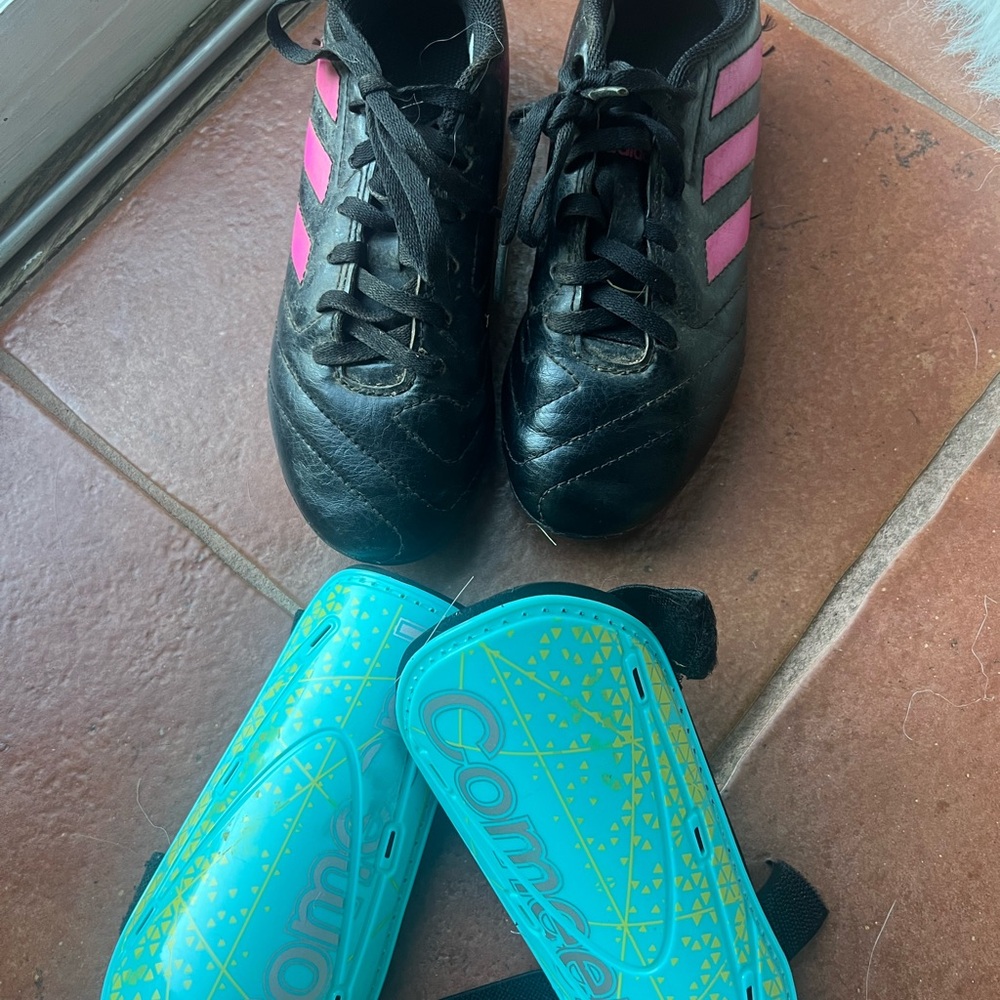 Adidas Black/Pink Cleats (1.5 kids) and Shin Guards